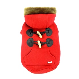 Red Duffle Jacket for Small to Medium Dogs with Faux Fur Hoodie
