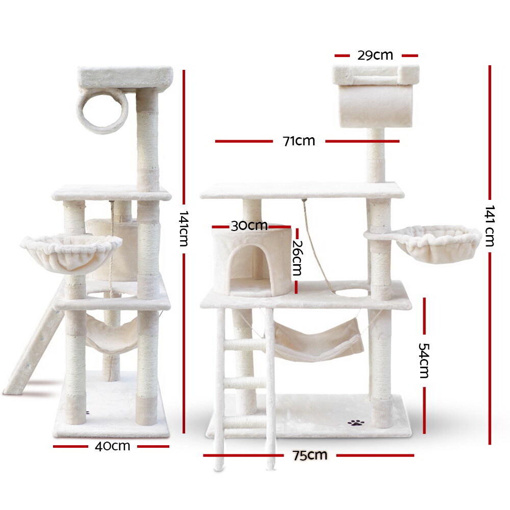 Cat Tree 141cm Trees Scratching Post Scratcher Tower Condo House Furniture Wood Beige image 0