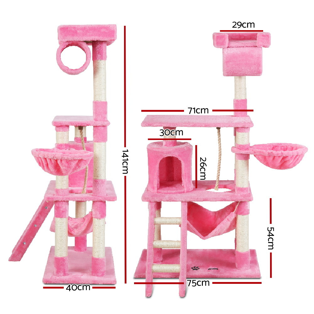 Cat Tree 141cm Trees Scratching Post Scratcher Tower Condo House Furniture Wood Pink image 0
