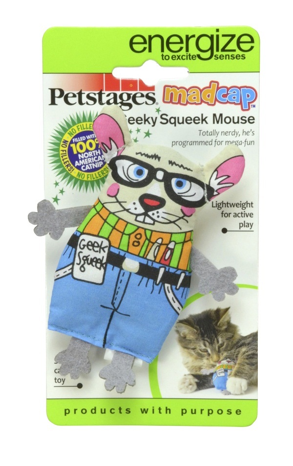 Petstages Madcap Geeky Squeek Mouse Plush Canvas Catnip Cat Toy image 0