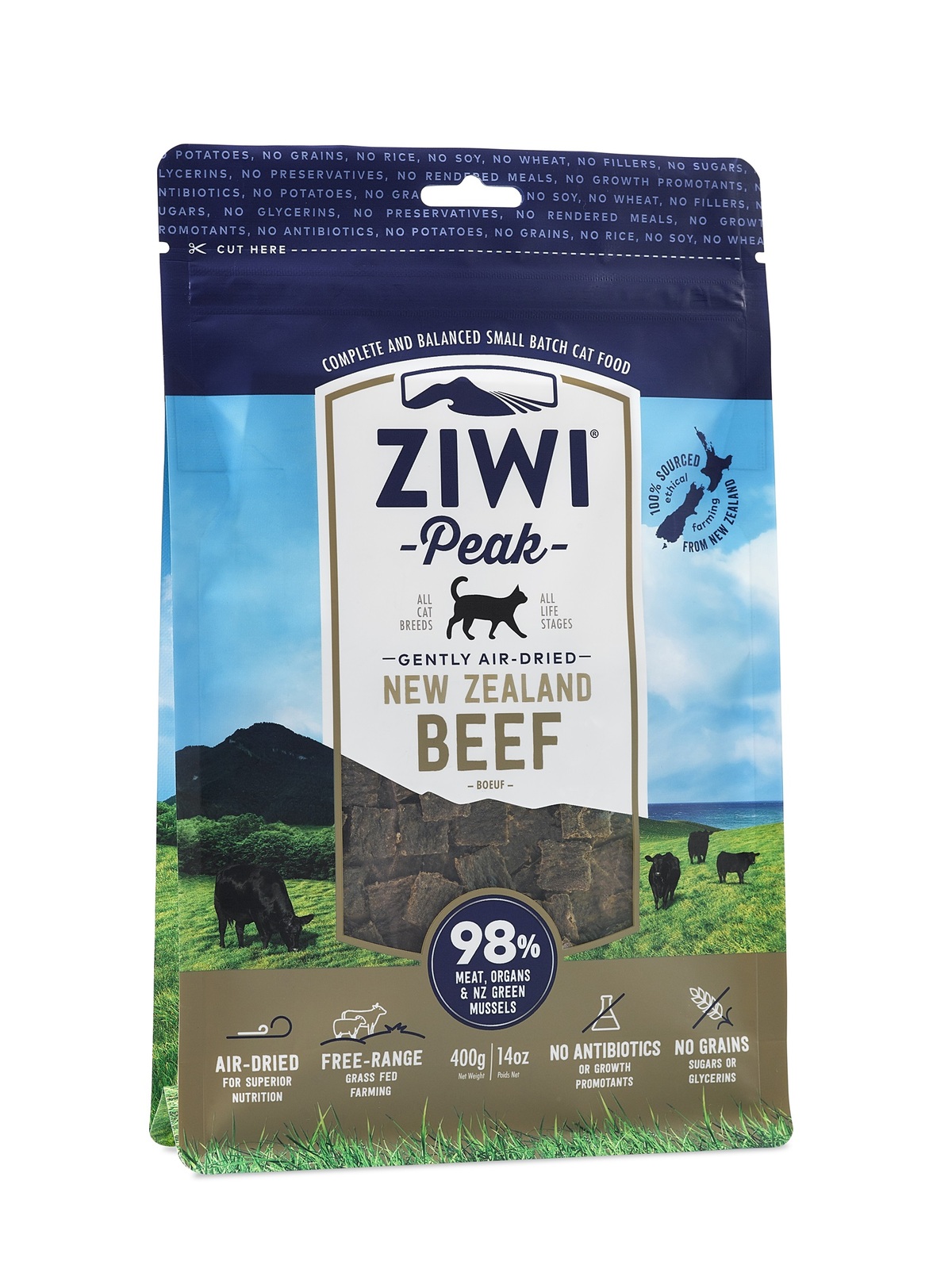 Ziwi Peak Air Dried Grain Free Cat Food 400g Pouch - Free Range Beef image 0