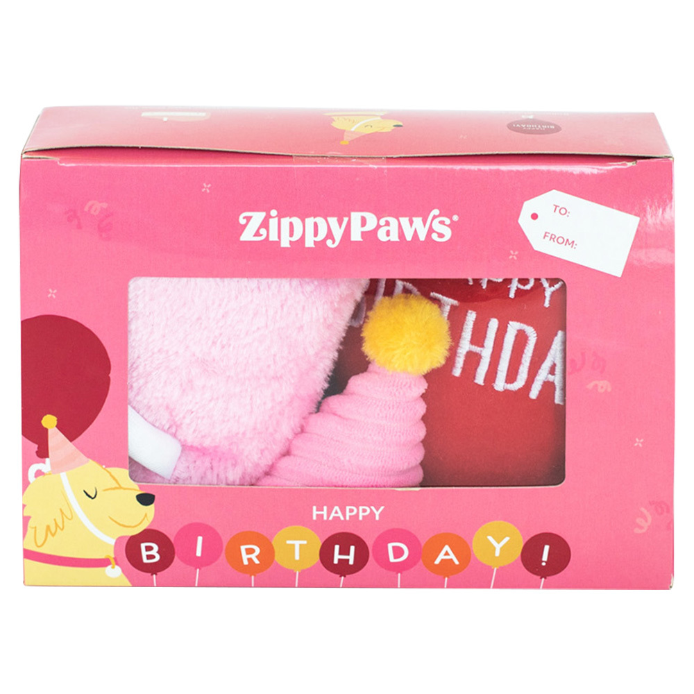Zippy Paws Birthday Box Plush Squeaker Dog Toys - 3 Toys in Pink image 0