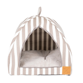 Mog & Bone Cat Igloo Bed with Fleecy Cushion - Latte Hamptons Stripe image 0