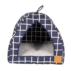 Mog & Bone Cat Igloo Bed with Fleecy Cushion - Navy Check image 0