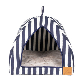 Mog & Bone Cat Igloo Bed with Fleecy Cushion - Navy Hamptons Stripe image 0