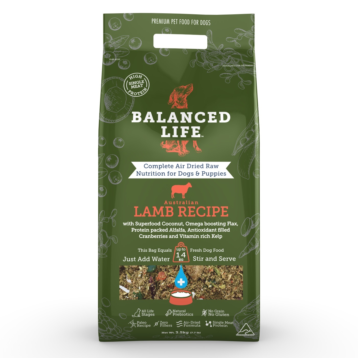 Balanced Life Air Dried Grain Free Single Protein Grain Free  Dog Food - Lamb - 200g/1kg/3.5kg image 1