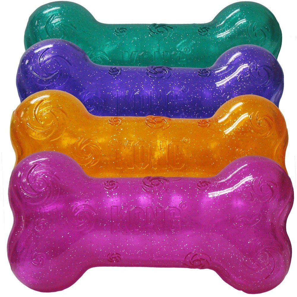 4 x KONG Squeezz Crackle Textured Glitter Bone Dog Toy in Assorted Colours - Large image 1