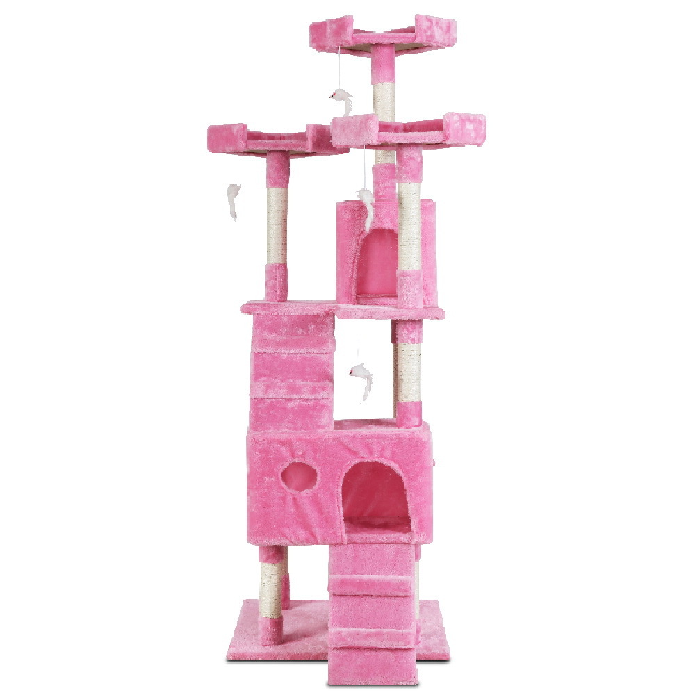 Cat Tree 180cm Trees Scratching Post Scratcher Tower Condo House Furniture Wood Pink image 1