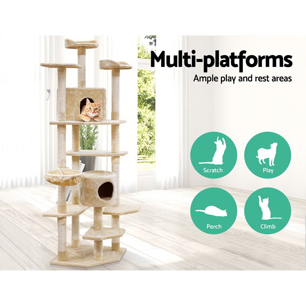 Cat Tree 203cm Trees Scratching Post Scratcher Tower Condo House Furniture Wood Beige image 1