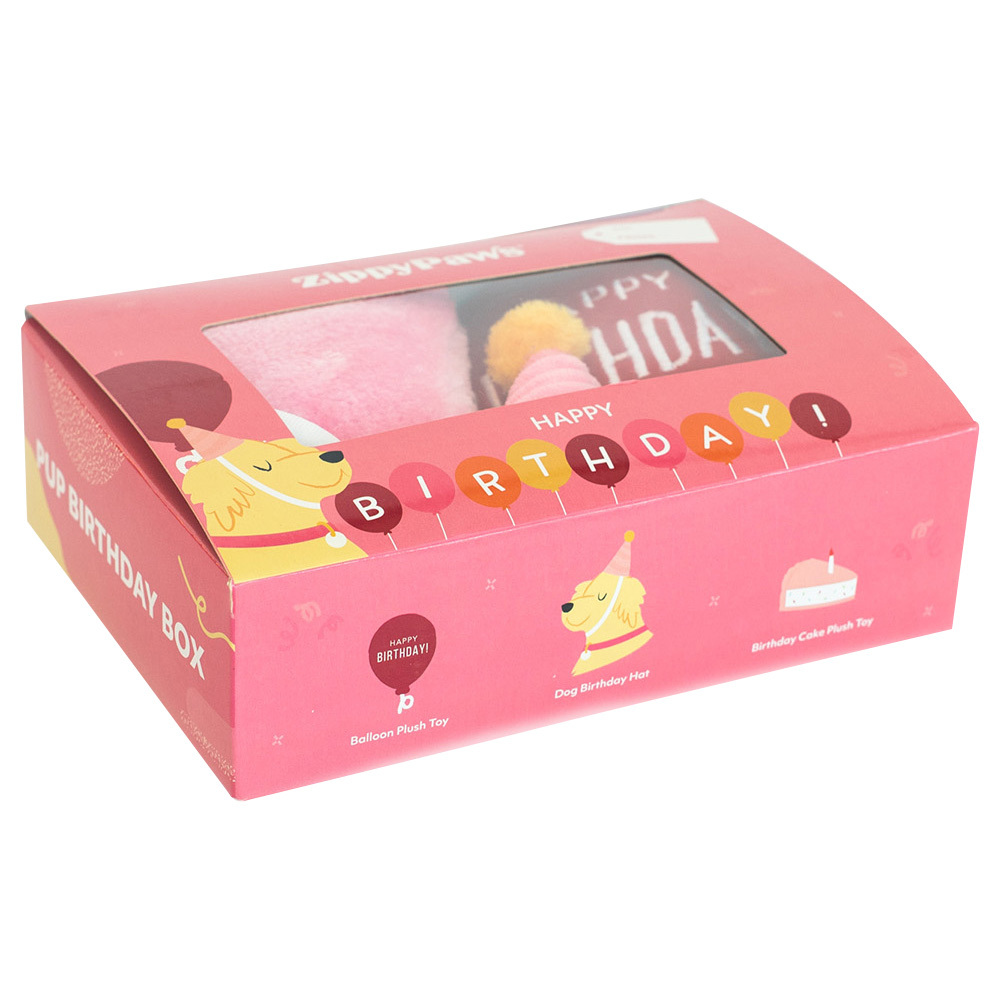 Zippy Paws Birthday Box Plush Squeaker Dog Toys - 3 Toys in Pink image 1
