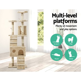 Cat Tree 180cm Trees Scratching Post Scratcher Tower Condo House Furniture Wood Beige image 1