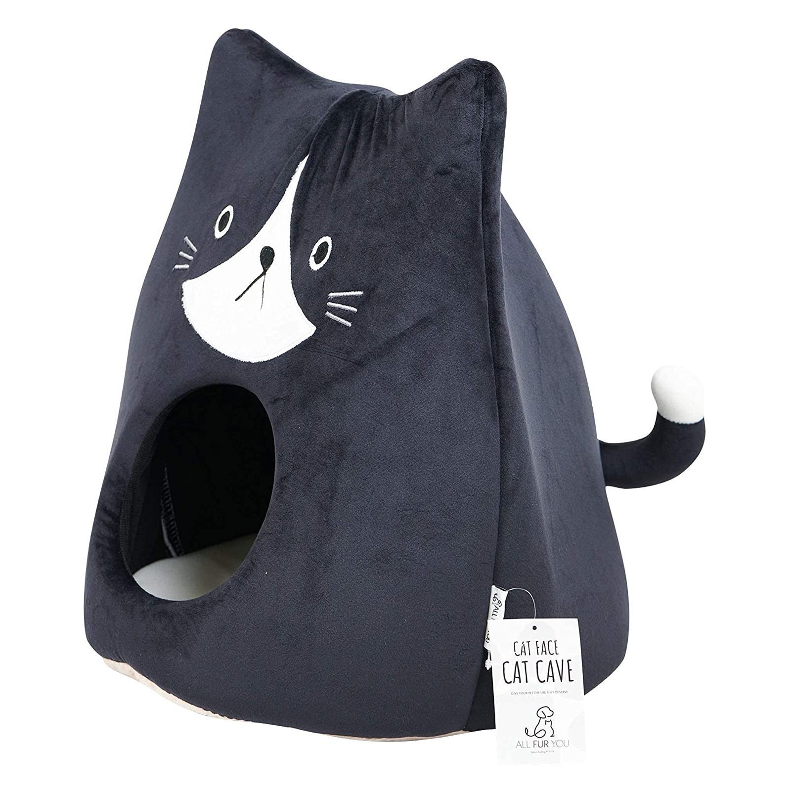 All Fur You Soft and Comfortable Cat Face Cat Cave Bed in Black image 2
