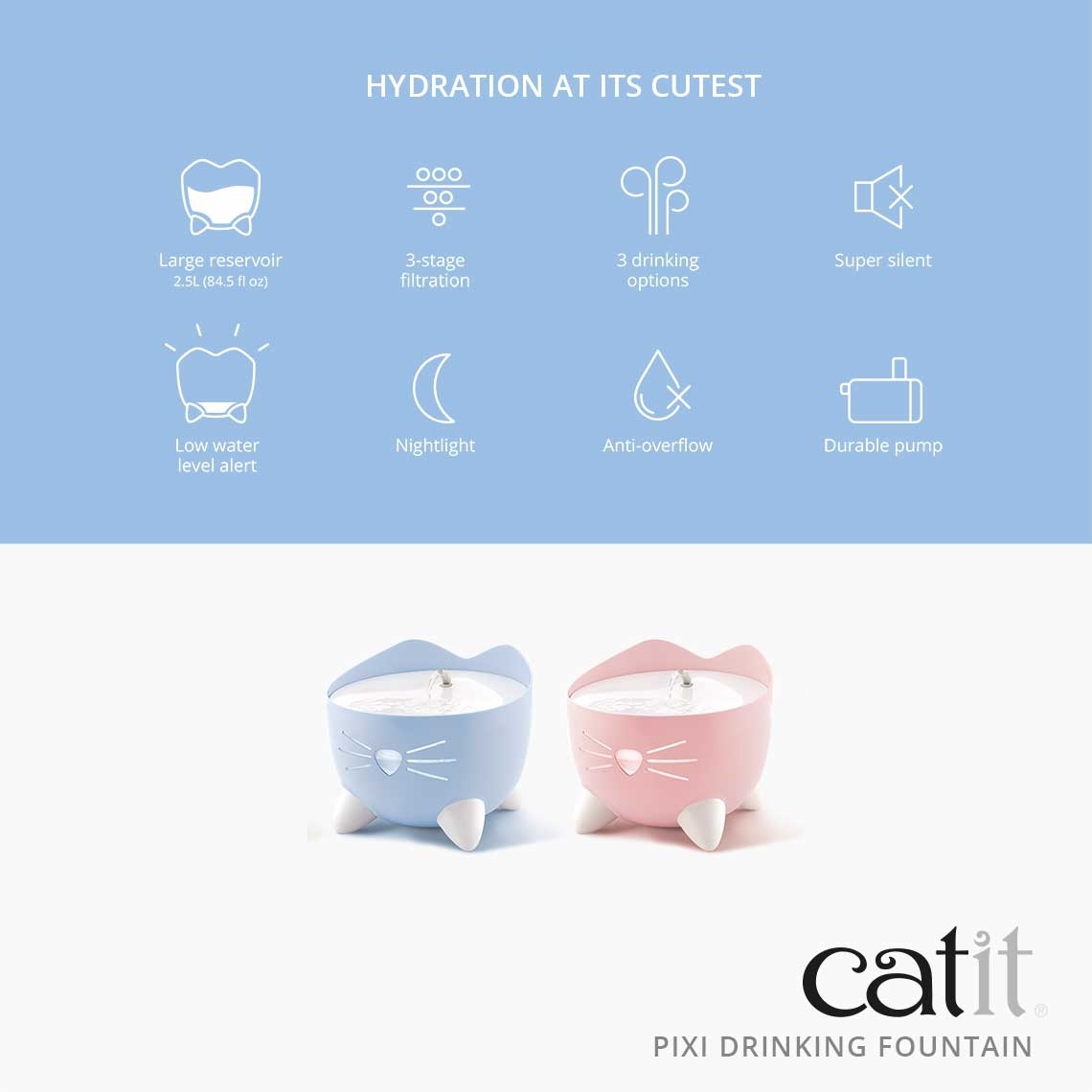 Catit Pixi Fountain with Refill Alert for Cats & Dogs - 2.5 Litres in Pink or Blue image 4