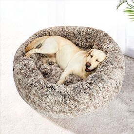 Pet Bed Cat Dog Donut Nest Calming Mat Soft Plush Kennel - Brown image 4