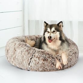 Pet Bed Cat Dog Donut Nest Calming Mat Soft Plush Kennel - Brown image 5