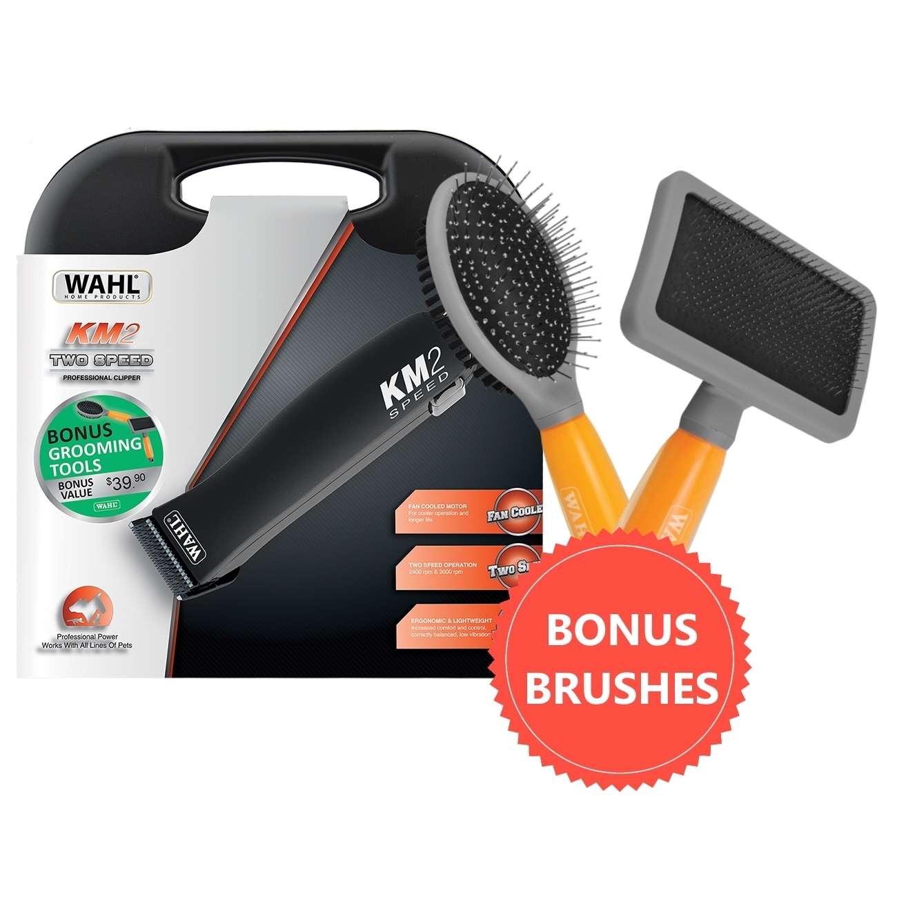 Wahl KM2 2Speed Pet Clipper + BONUS Grooming Slicker & DoubleSided