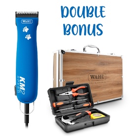 Wahl KM2 Paw Print Blue Pet Clipper with Bonus Large Wooden Carry Case & Tool Kit
