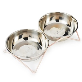 Bendo Luxe Woof Woof Double Raised Stainless Steel Dog Bowls with Blush Pink Stand