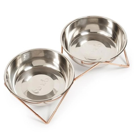 Bendo Luxe Woof Woof Double Raised Stainless Steel Dog Bowls with Copper Stand