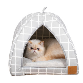Mog & Bone Cat Igloo Bed with Fleecy Cushion - Grey Check