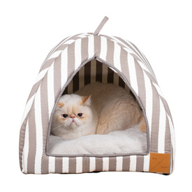 Mog & Bone Cat Igloo Bed with Fleecy Cushion - Latte Hamptons Stripe