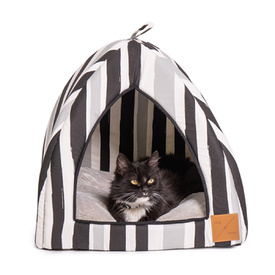 Mog & Bone Cat Igloo Bed with Fleecy Cushion - Pebble Black Brush Stroke