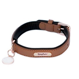 Zippy Paws Leather Dog Collar with Rose Gold Buckle - Brown