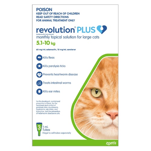 Revolution PLUS Flea, Worm & Tick Topical Prevention for Large Cats 5.1-10kg - 3-Pack main image