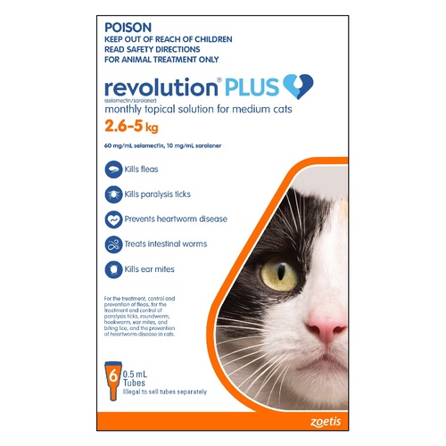Revolution PLUS Flea, Worm & Tick Topical Prevention for Medium Cats 2.6-5kg - 6-Pack main image
