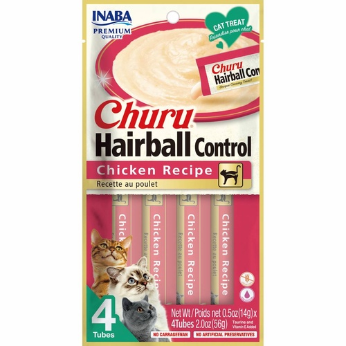 Inaba Cat Churu Meal Topper Treat - Hairball Control Creamy Chicken Recipe 24 x 14g Tubes main image