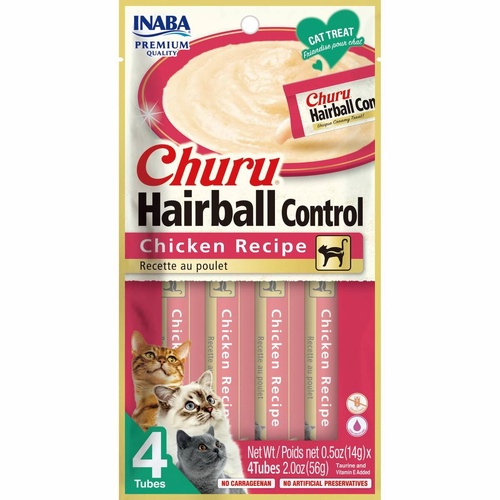 Inaba Cat Churu Meal Topper Treat - Hairball Control Creamy Chicken Recipe 24 x 14g Tubes