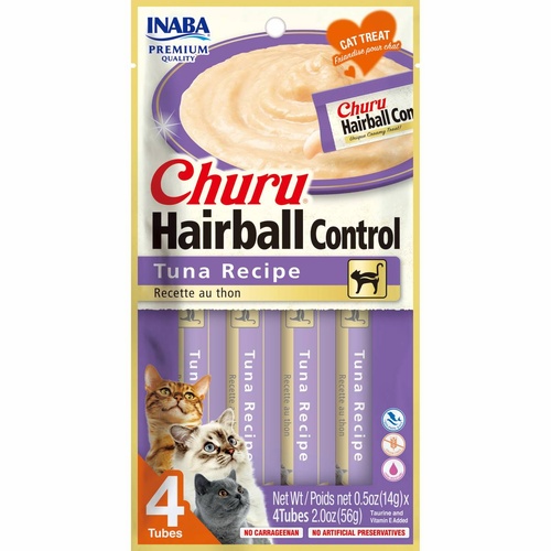 Inaba Cat Churu Meal Topper Treat - Hairball Control Creamy Tuna Recipe 24 x 14g Tubes main image