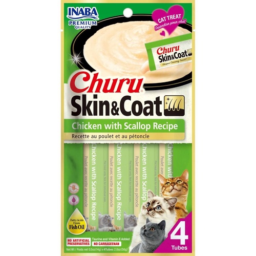 Inaba Cat Churu Meal Topper Treat - Skin & Coat Creamy Chicken & Scallop Recipe 24 x 14g Tubes