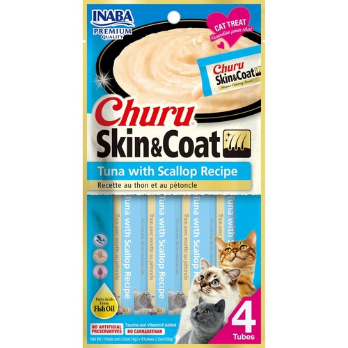 Inaba Cat Churu Meal Topper Treat - Skin & Coat Tuna & Scallop Recipe 24 x 14g Tubes