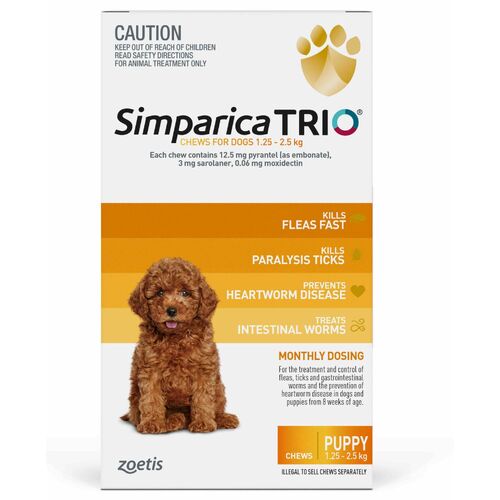 Simparica Trio Flea, Tick & Heartworm Chew for Puppy Dogs 1.3-2.5kg - 3-Pack main image