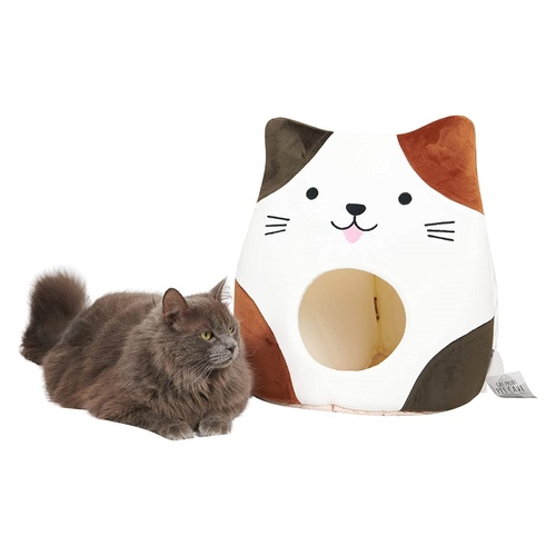 All Fur You Soft and Comfortable Cat Face Cat Cave Bed in White/Brown main image