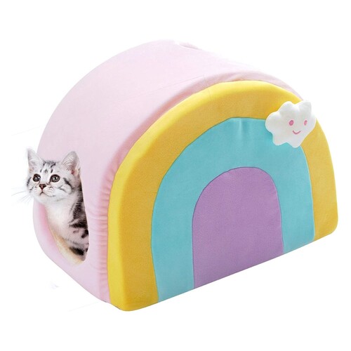 All Fur You Soft and Comfortable Rainbow Cat House Bed in Pink main image
