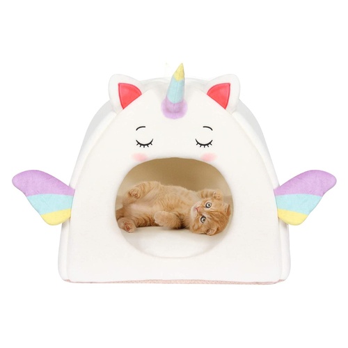 All Fur You Soft and Comfortable Unicorn Cat Cave Bed in White main image