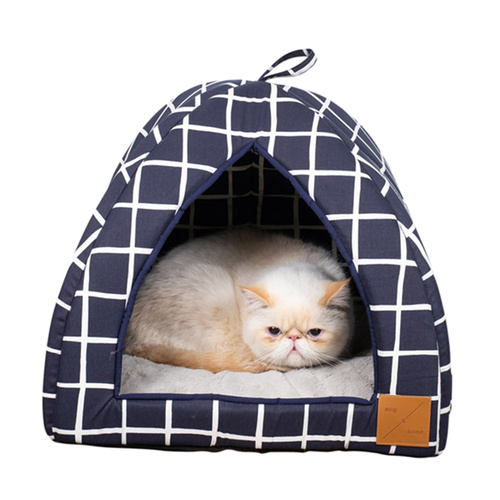 Mog & Bone Cat Igloo Bed with Fleecy Cushion - Navy Check main image