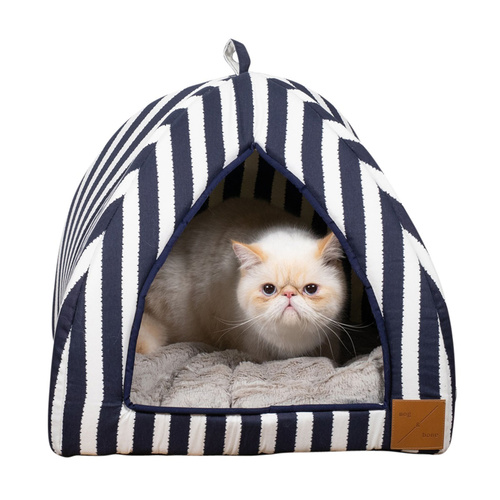 Mog & Bone Cat Igloo Bed with Fleecy Cushion - Navy Hamptons Stripe main image