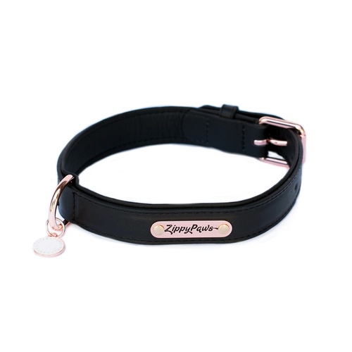 Zippy Paws Leather Dog Collar with Rose Gold Buckle - Black main image