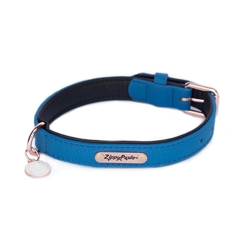 Zippy Paws Leather Dog Collar with Rose Gold Buckle - Cobalt