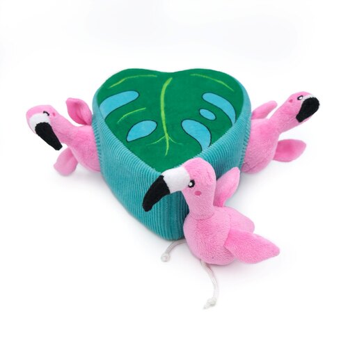 Zippy Paws Zippy Burrow Interactive Dog Toy - 3 Flamingos in Monstera Leaf main image