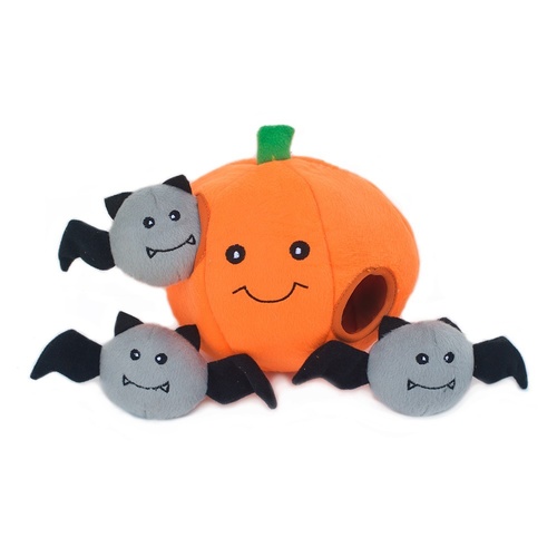 Zippy Paws Halloween Burrow Interactive Dog Toy - 3 Squeaker Bats in a Pumpkin main image