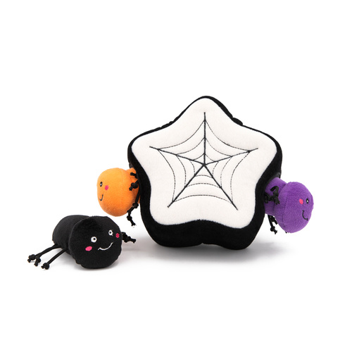 Zippy Paws Halloween Burrow Interactive Dog Toy - 3 Squeaker Spiders in a Spiderweb main image