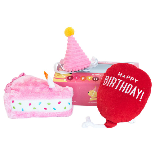 Zippy Paws Birthday Box Plush Squeaker Dog Toys - 3 Toys in Pink main image
