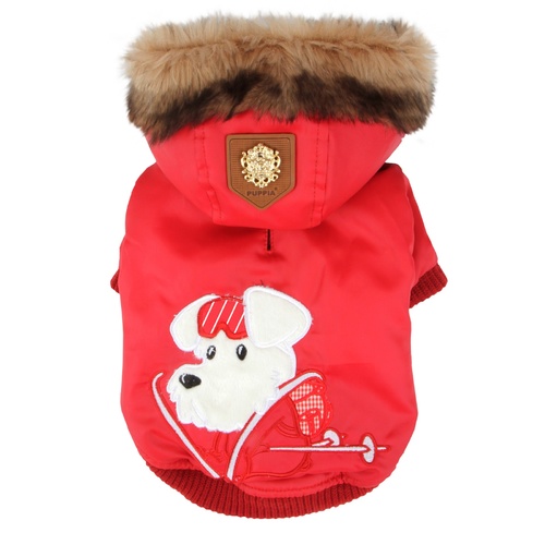 Puppia Alpine Waterproof Dog Jacket with Removable Faux Fur Hood - Red
